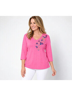 Quacker Factory Glory Bee Brooch Detail V-Neck 3/4 Sleeve Top Pink, Size Large